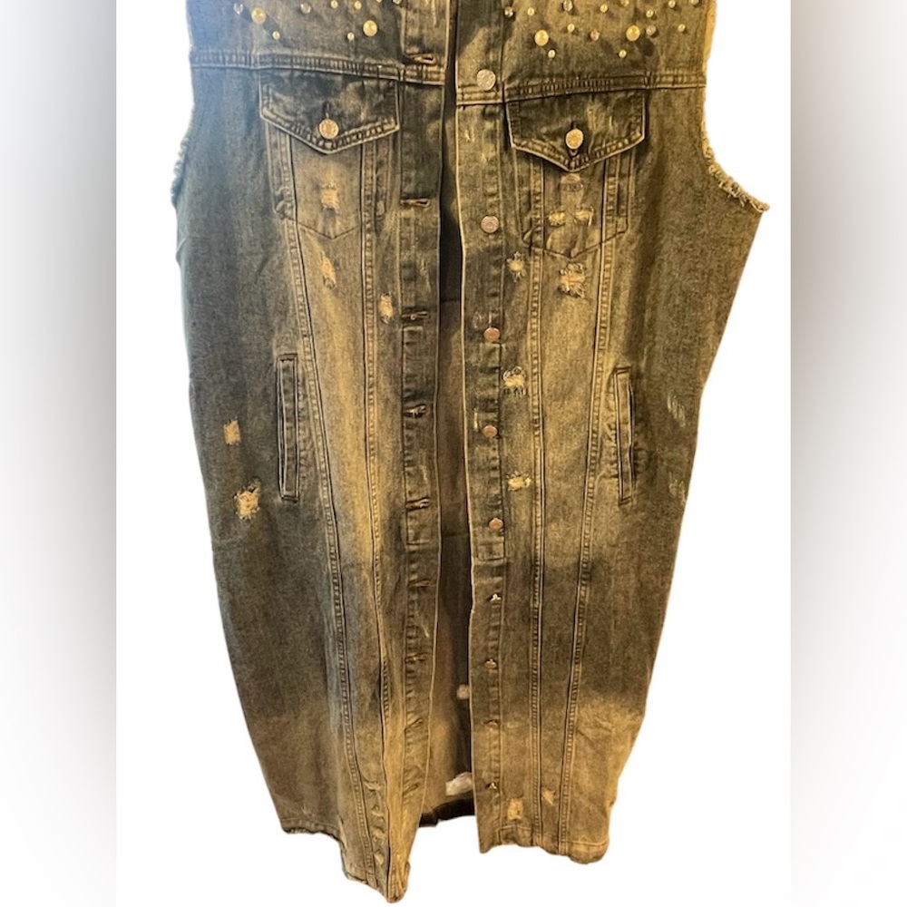 Women's Long Denim Vest with Pearl & Rhinestone Accents - Picture 5 of 9
